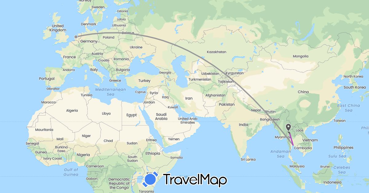 TravelMap itinerary: driving, plane, train, motorbike in Netherlands, Thailand (Asia, Europe)